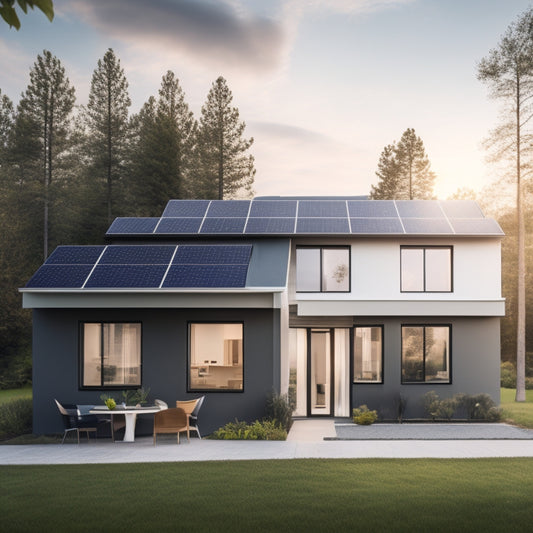 A modern home with a sleek, silver battery pack installed on the wall, surrounded by solar panels on the roof and a smart home control panel on the wall.