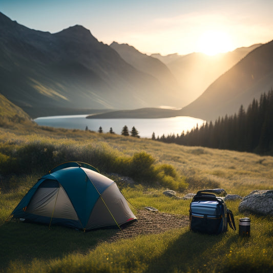A serene mountain landscape at dawn with a camper's backpack, portable solar panel, power bank, and handheld flashlight scattered around a picnic blanket, surrounded by lush greenery and misty mountains.
