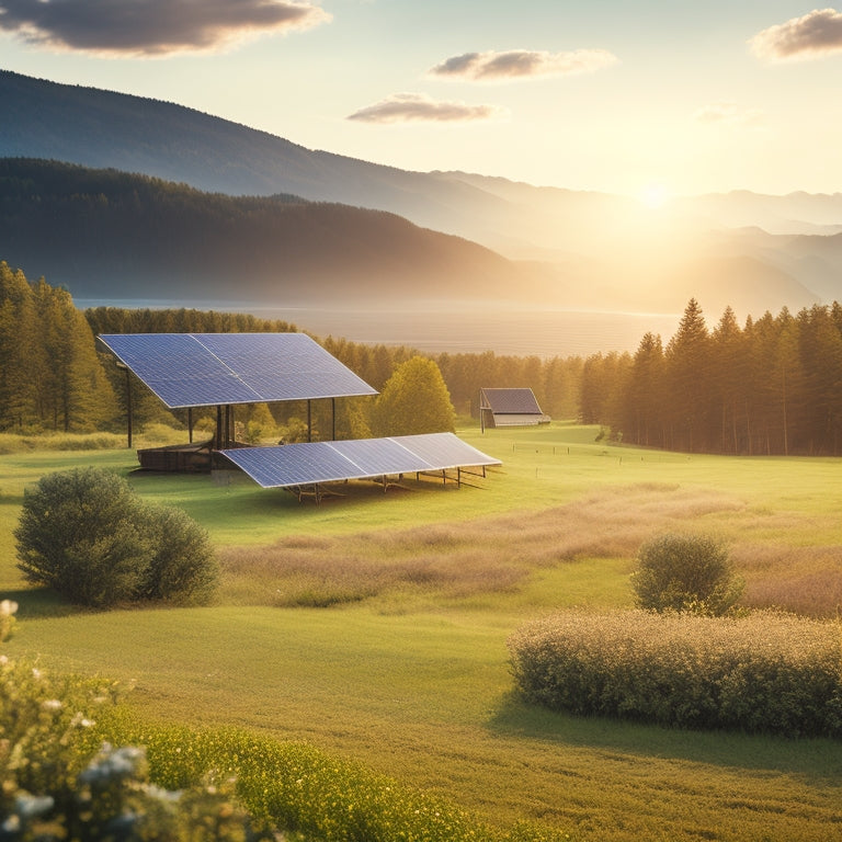 A serene, sun-kissed landscape with rolling hills, featuring a sleek, silver ground-mounted solar panel array in the foreground, surrounded by lush greenery and a distant, rustic cabin.