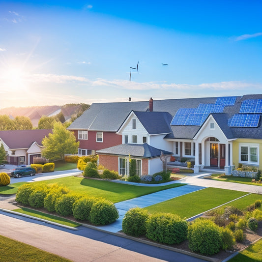 A serene suburban neighborhood with solar panels on rooftops, wind turbines in the distance, and a bright blue sky with fluffy white clouds, symbolizing a clean and affordable energy future.