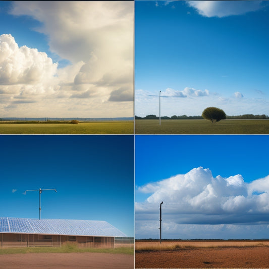 A split-screen image: a clean, angled solar panel with a bright blue sky and fluffy white clouds, versus a dirty, grimy panel with dark clouds and a faint lightning bolt.