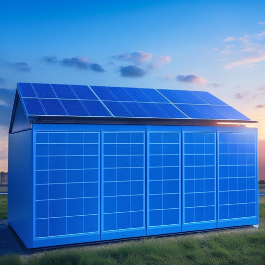 A futuristic, sleek, and modern illustration of a solar panel storage system, featuring a rooftop array of photovoltaic panels connected to a wall-mounted battery bank with glowing blue LED lights.