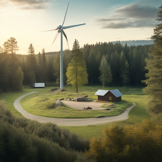A serene, isolated landscape with a distant, rustic cabin, surrounded by lush greenery and towering trees, featuring a prominent, modern wind turbine and a cluster of solar panels.