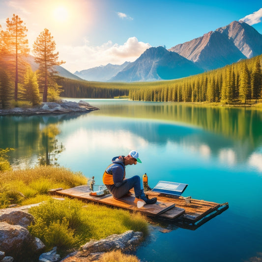 A vibrant outdoor scene showcasing a hiker setting up solar panels beside a tranquil lake, surrounded by majestic mountains and pine trees, with sunlight glistening on the water and the panels absorbing sunlight.