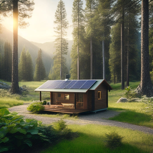 A serene, isolated landscape with a small, rustic cabin surrounded by lush greenery, featuring a solar panel array on the roof, connected to a sleek, modern inverter on the exterior wall.