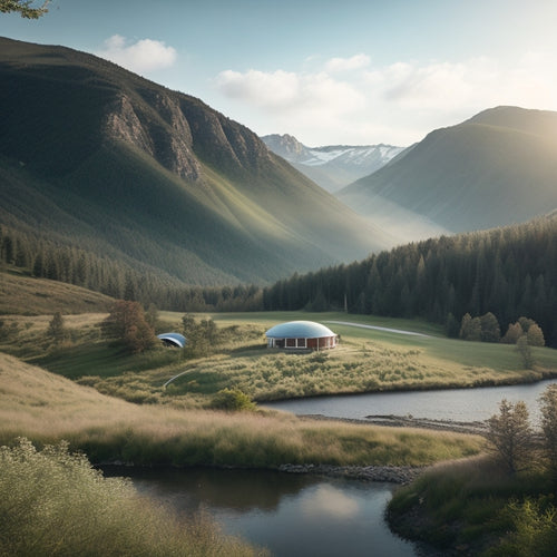 A serene mountain landscape with a modern, eco-friendly off-grid home in the distance, powered by a wind turbine, solar panels, and a small hydroelectric dam, surrounded by lush greenery.