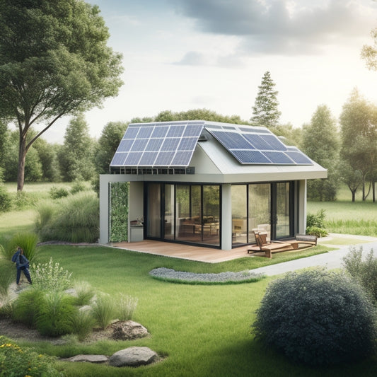 A serene, modern eco-friendly home surrounded by lush greenery, with solar panels on the roof, a wind turbine in the backyard, and a rainwater harvesting system.