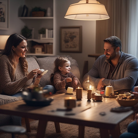 A cozy living room illuminated by soft, warm light, featuring a stylish generator discreetly placed in a corner, surrounded by power strips, rechargeable devices, and a family happily enjoying board games together.