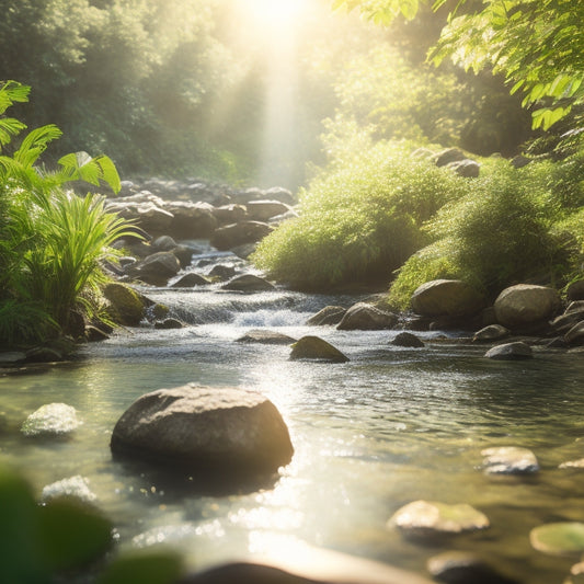 A sunlit scene featuring a clear, flowing stream with solar water filters in use, surrounded by lush greenery, sunlight reflecting off the water, and vibrant aquatic life, showcasing the effectiveness of natural filtration.