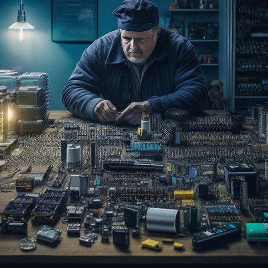 An illustration of a person surrounded by various rechargeable batteries, with different sizes, shapes, and voltage levels, amidst a backdrop of electronic devices and circuit boards.
