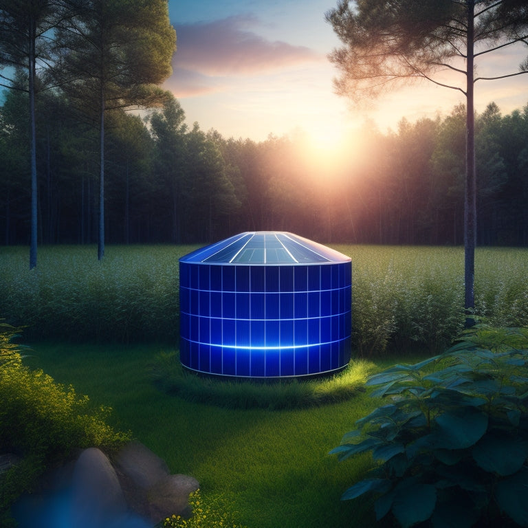 A futuristic, sleek solar panel array with a large, cylindrical battery storage unit in the center, surrounded by lush greenery and a subtle, glowing blue light.