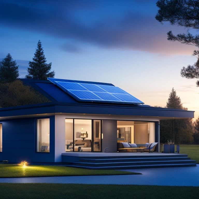 A modern, sleek home with solar panels on the roof, a battery bank with lithium-ion batteries in the background, and a subtle, glowing blue light emanating from the batteries, symbolizing renewable energy.