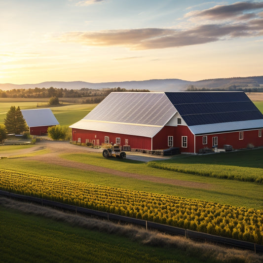 A serene rural landscape with rolling hills, a red barn, and a farmhouse, surrounded by rows of sleek, black solar panels at varying angles, basking in warm sunlight.