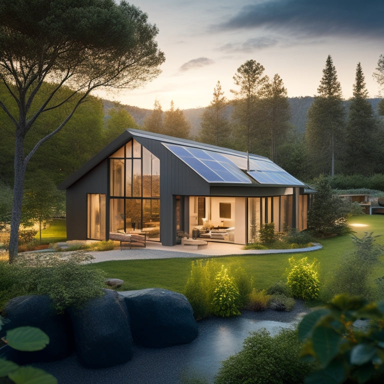A serene, modern eco-friendly home surrounded by lush greenery, with solar panels on the roof, a wind turbine in the background, and a subtle, glowing LED security system accentuating the windows and doors.