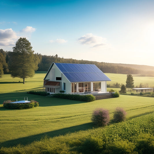 A serene rural landscape with a modern, sustainable home in the center, surrounded by lush greenery, featuring a rooftop solar panel array and a small wind turbine, set against a bright blue sky.