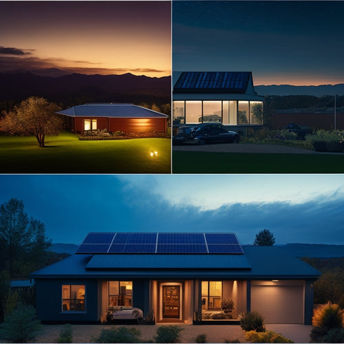 A split-screen image featuring a darkened cityscape with a blackout at night on one side, and a well-lit home with solar panels on the roof and a battery backup system on the other.