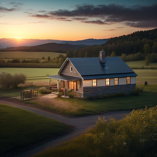 A serene rural landscape at dusk with a rustic farmhouse, solar panels on the roof, and a battery bank visible through a window, surrounded by rolling hills and a few trees.