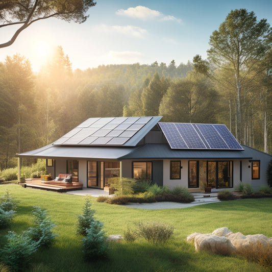 A serene, modern rural home surrounded by lush greenery, with a sleek, black solar panel array installed on the roof, and a few DIY toolboxes and scattered solar panels in the foreground.