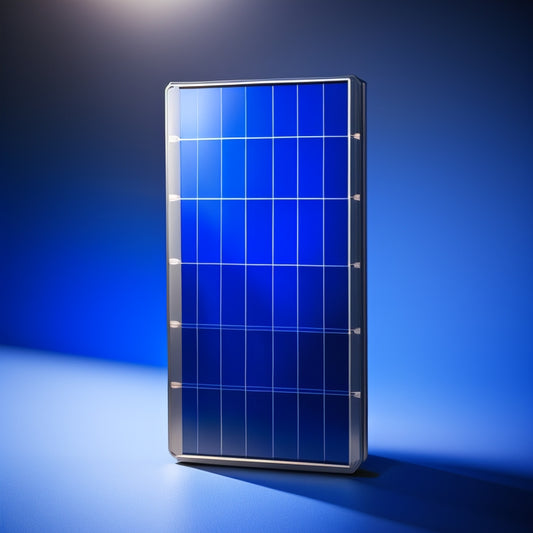 A sleek, silver solar panel battery with a modern, angular design, surrounded by faint, glowing blue lines, set against a dark, gradient blue background, with subtle, shimmering stars.