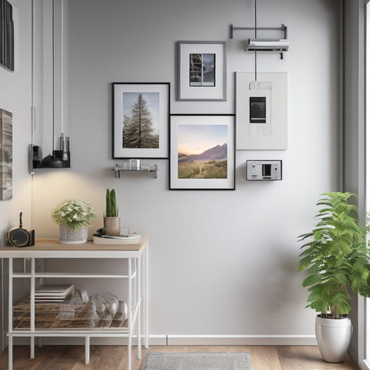 A photorealistic image of a modern home's interior, with a sleek, silver DIY mounting rack kit installed on a white wall, holding a solar panel, inverter, and battery bank, amidst tidy cables and wires.