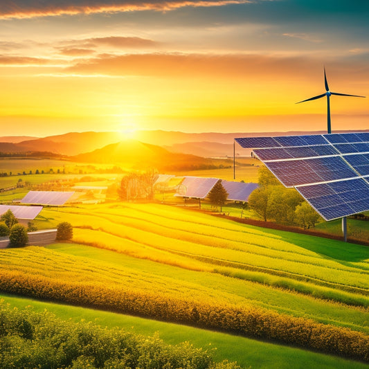 A vibrant landscape showcasing solar panels on rooftops, wind turbines spinning in the distance, and a smart grid connection glowing, with lush greenery and a bright sun illuminating the scene, symbolizing renewable energy and net metering.