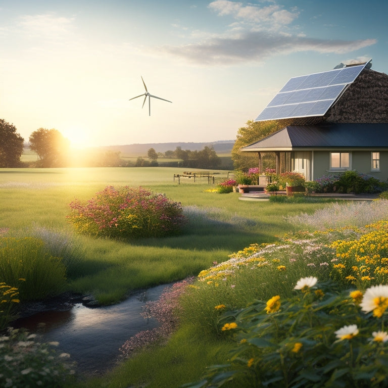 A serene, sun-drenched rural landscape featuring a modern, eco-friendly home with a solar panel rooftop, a wind turbine in the distance, and a lush green garden with blooming wildflowers.