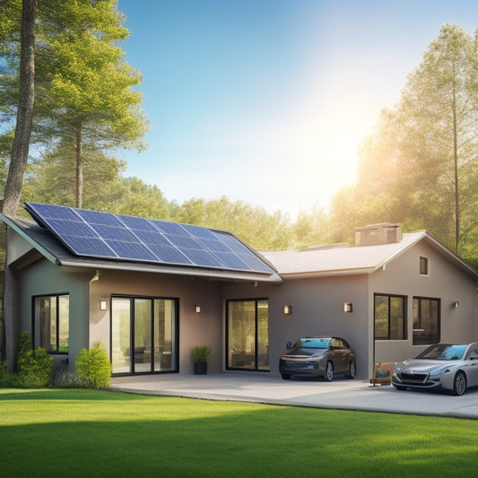 A modern home with solar panels on the roof, a sleek battery backup system in the garage, and a smart home control panel on the wall, surrounded by lush greenery and a sunny sky.