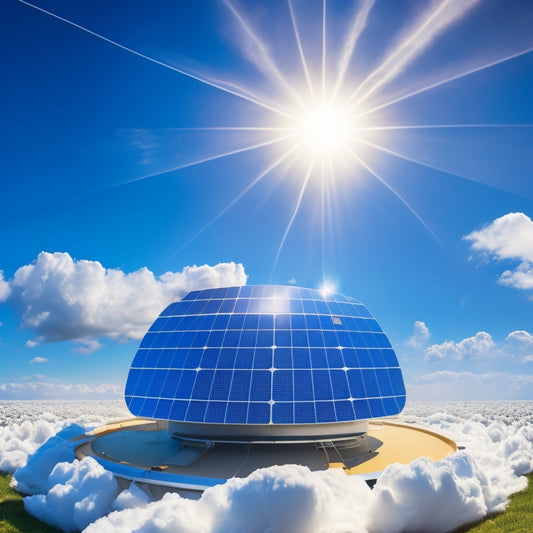 A futuristic background with a large, sleek battery pack at the center, surrounded by a circle of solar panels, with wires and circuits connecting them, set against a bright blue sky with fluffy white clouds.