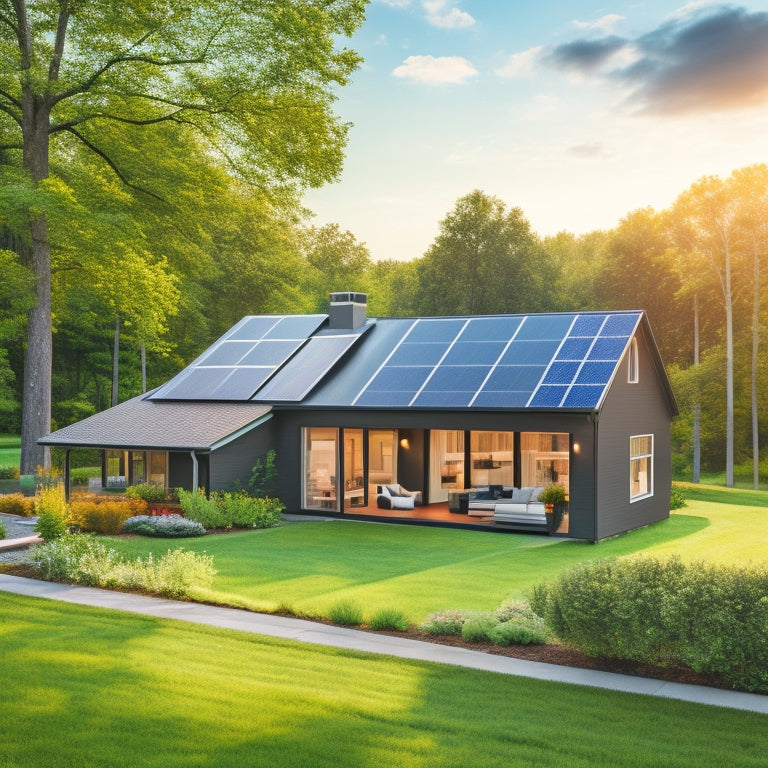 A serene suburban home with a lush green lawn, surrounded by tall trees, featuring a rooftop covered in sleek, black solar panels, with a few panels folded out on the lawn, and a small, shiny inverter box nearby.