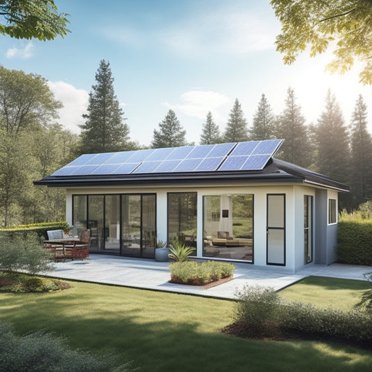 A serene residential backyard with a sleek, modern solar panel array on the roof, connected to a compact, gray battery backup unit in the corner, surrounded by lush greenery and a sunny sky.