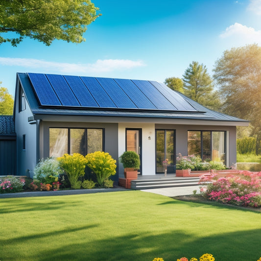 A serene suburban home with a sloping roof, covered in sleek black solar panels, accompanied by a compact, modern battery unit stationed beside a blooming garden, under a bright blue sky.