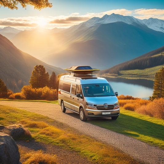 A camper van parked in a scenic mountain landscape, with solar panels installed on the roof, angled towards the sun, and a subtle reflection of the surrounding trees on the van's shiny surface.