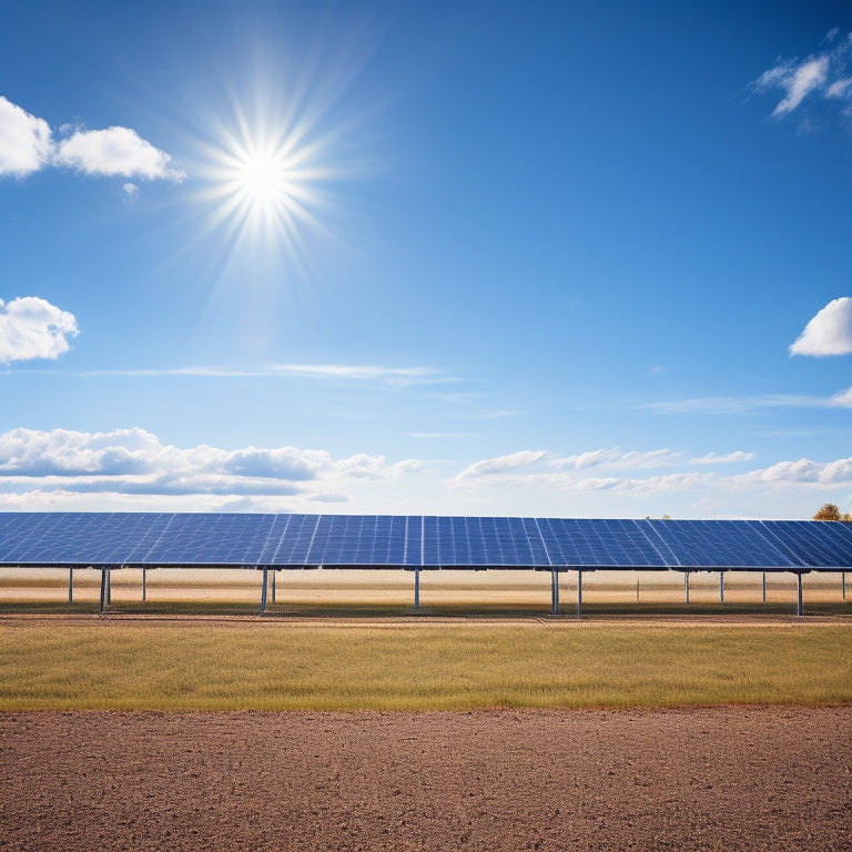 A serene landscape featuring a solar panel array mounted on a ground mount racking system, with precisely aligned rows of panels, set against a clear blue sky with a few wispy clouds.