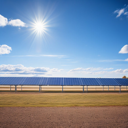 A serene landscape featuring a solar panel array mounted on a ground mount racking system, with precisely aligned rows of panels, set against a clear blue sky with a few wispy clouds.