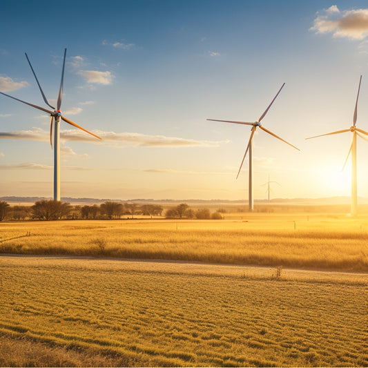 A serene, isolated landscape with a remote cell site in the distance, surrounded by wind turbines, solar panels, and a small windmill, with a bright sun shining down.