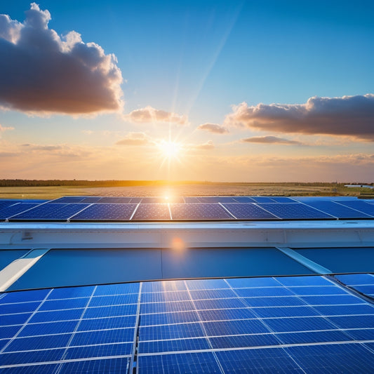 A photorealistic image of a modern, sleek rooftop with a series of black solar panels installed, angled to capture sunlight, set against a bright blue sky with fluffy white clouds.