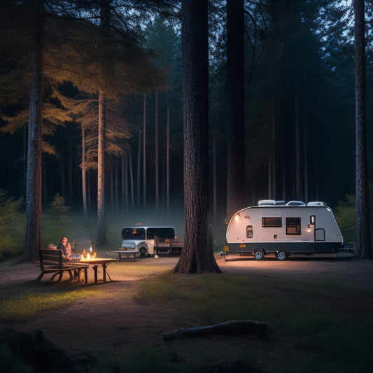 A serene forest campsite at dusk, with a fully-lit RV in the center, surrounded by trees and a picnic table, powered by a portable power inverter connected to a battery and solar panels.