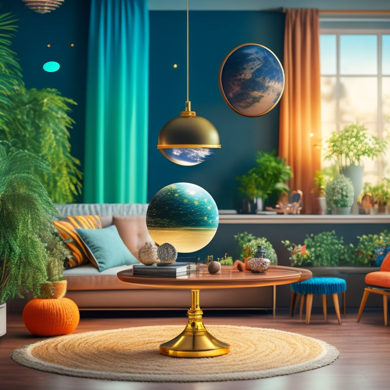 A whimsical illustration of a miniature solar system suspended within a modern living room, with planets and stars orbiting around a central lamp, surrounded by sleek furniture and lush greenery.