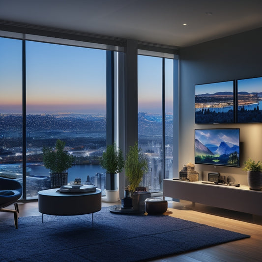 A modern home's interior with a sleek, wall-mounted battery backup system, surrounded by various devices (laptop, smartphone, smart home hub) and a cityscape at dusk visible through a window.
