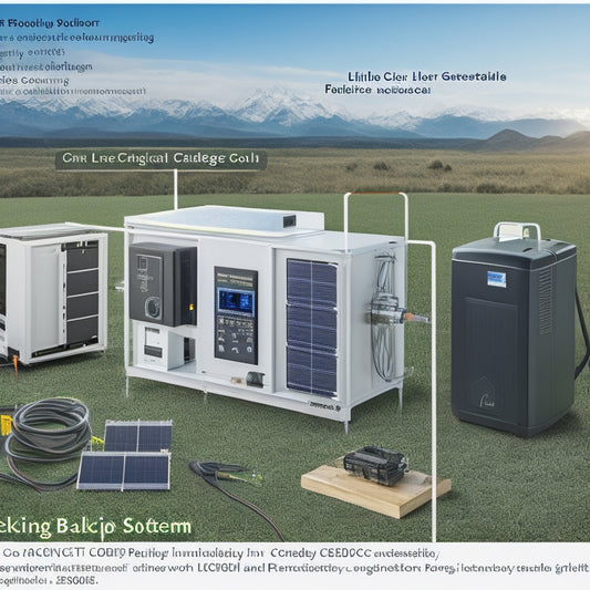 A diagram illustrating a large home backup system, featuring a central battery bank, multiple solar panels, an inverter/charger, and a generator, with cables and connectors prominently displayed.