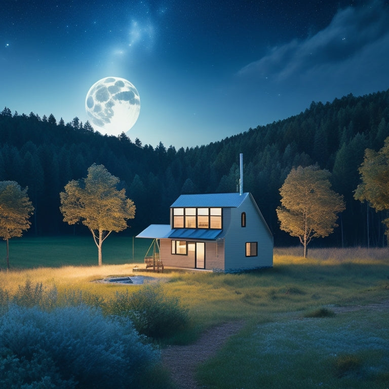 An illustration of a secluded, modern cabin surrounded by lush greenery, with a wind turbine, solar panels, and a battery bank, amidst a starry night sky with a full moon.