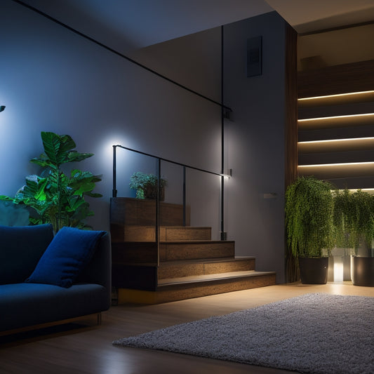 A modern, well-lit living room with recessed LED lights, a floor lamp, and a stairway illuminated by glowing handrail strips, showcasing a bright and safe space during a nighttime power outage.