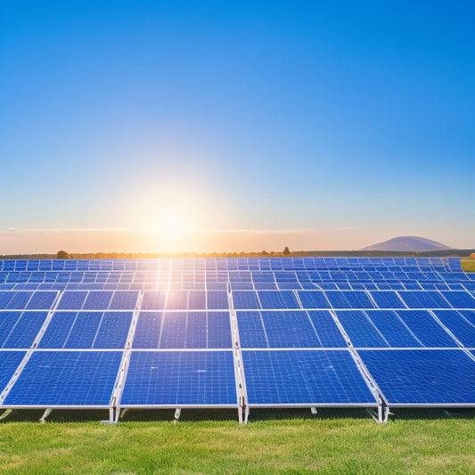 A vibrant solar array under a clear blue sky, showcasing multiple string inverters connected to panels. Include detailed close-ups of inverter displays, cables, and sunlight reflecting off the solar cells, emphasizing efficiency and performance.