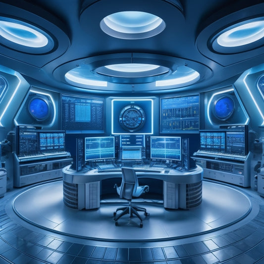 A futuristic control room with sleek, silver panels and glowing blue screens, surrounded by various system controllers, wires, and robotic arms, with a large, circular hub in the center.