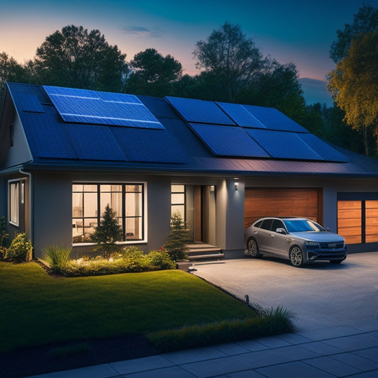 An image depicting a modern home with solar panels installed on the roof, a battery backup system in the garage, and a lit backyard during a nighttime power outage.