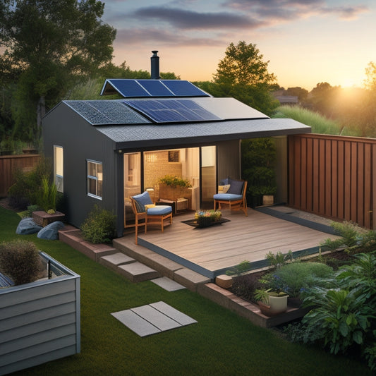 A serene backyard scene with a small, modern house, featuring a rooftop solar panel array, a sleek battery bank, and a few DIY-style wooden crates with visible wires and circuitry.