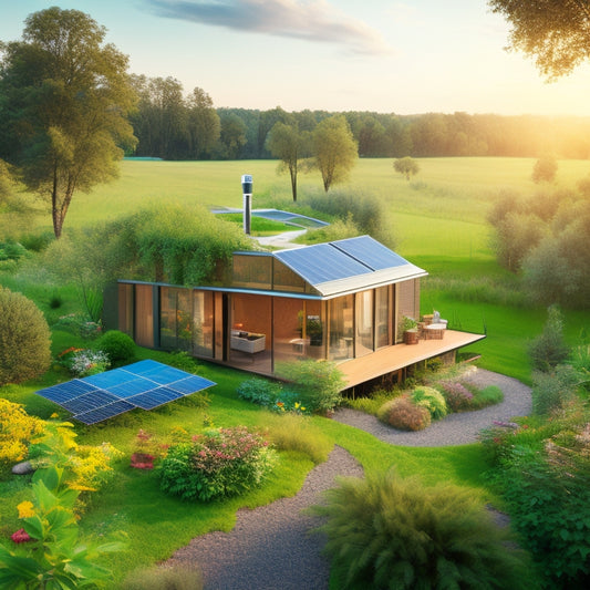 A serene, modern eco-home surrounded by lush greenery, with solar panels on the roof, a wind turbine in the distance, and a permaculture garden in the foreground.
