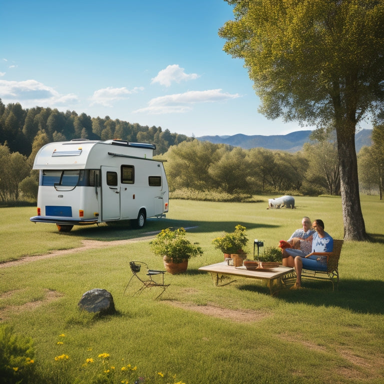 A serene outdoor setting with a camper van, solar panels on the roof, and a portable solar generator on the ground, surrounded by lush greenery and a clear blue sky.