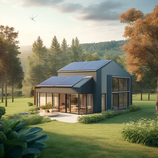 A serene, modern home surrounded by lush greenery, with solar panels on the roof, a wind turbine in the distance, and a battery bank visible through a large window.