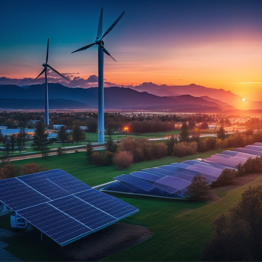 A vibrant landscape showcasing solar panels and wind turbines, glowing softly under a twilight sky, with lush greenery and urban buildings in harmony, illuminated by warm, renewable energy lighting, symbolizing sustainable development.